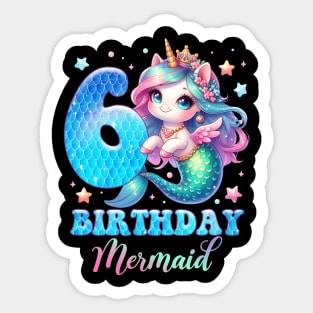 Unicorn Mermaid 6th Birthday 6 Year Old Party Girls B-day Gift For Girls Kids Sticker